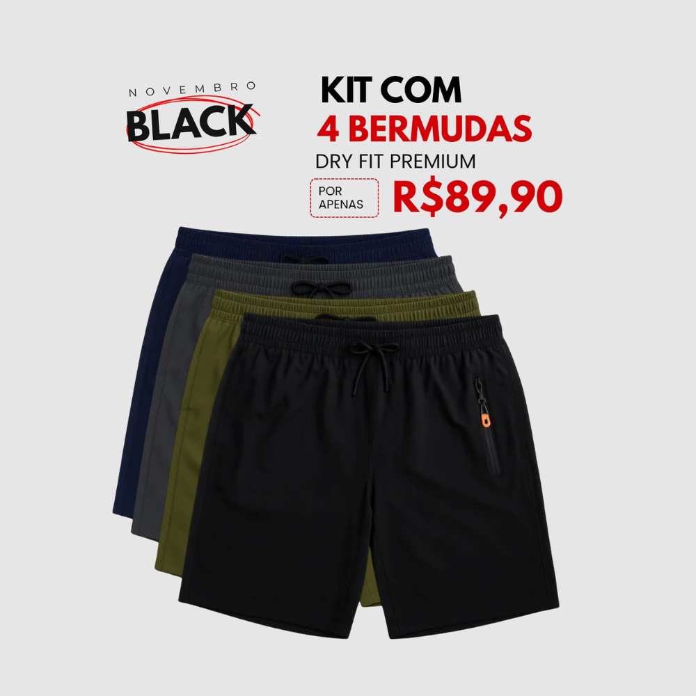 Kit 4 Bermudas DryFit PremiumPerformance - Secagem rápida, Bolso com Zíper e Ajuste Anatômico | FRETE GRÁTIS