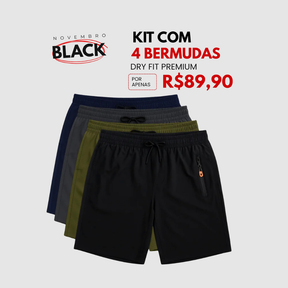 Kit 4 Bermudas DryFit PremiumPerformance - Secagem rápida, Bolso com Zíper e Ajuste Anatômico | FRETE GRÁTIS